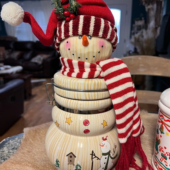Festive Snowman Cookie Jar with Red Accents